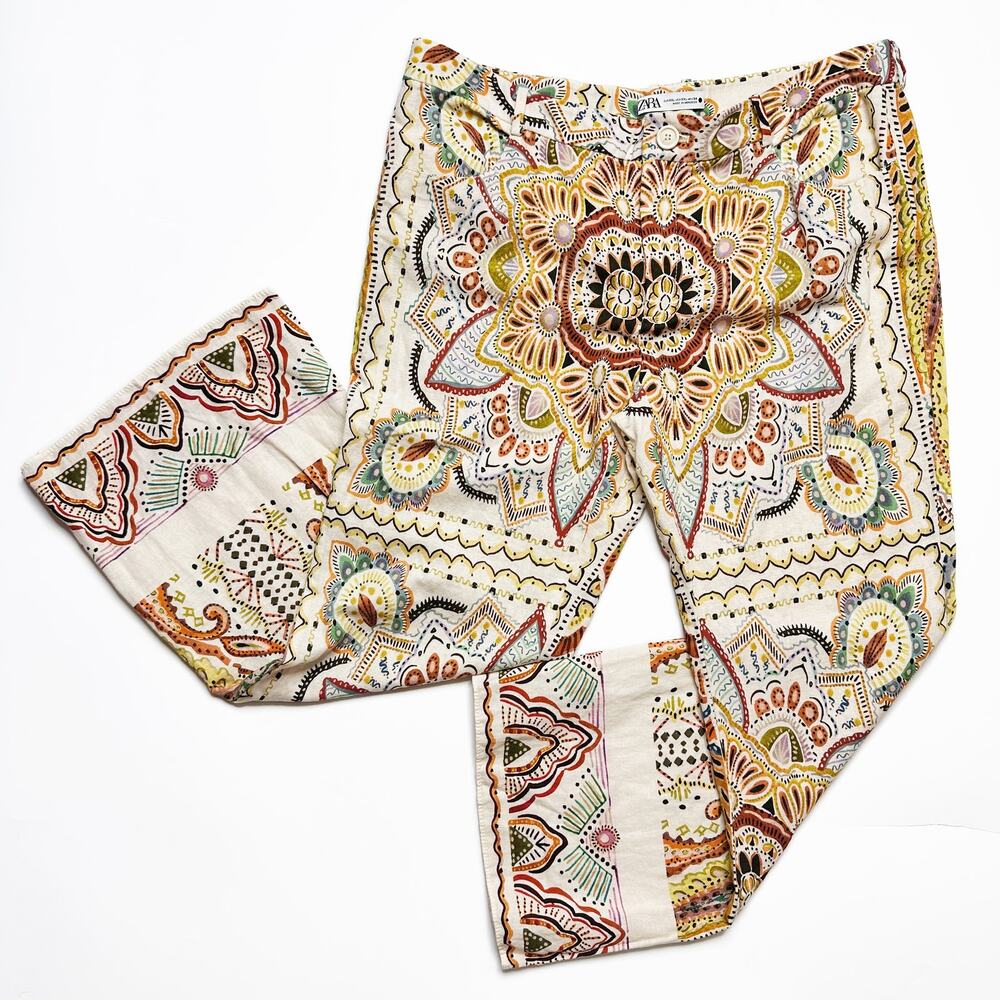Zara Linen Blend Paisley Mandala Floral Print Wide Leg Ankle Flare Pants XXL - Picture 16 of 16